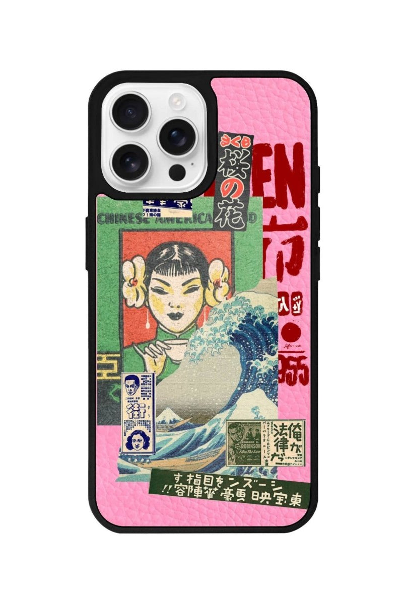 iPhone 16 Pro Vintage Poster Leather Vegan Deri Telefon Kılıfı Pembe - SUMTHINCS