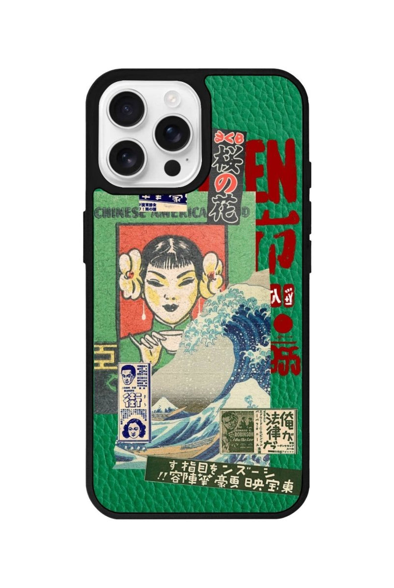 iPhone 16 Pro Vintage Poster Leather Vegan Deri Telefon Kılıfı Yeşil - SUMTHINCS
