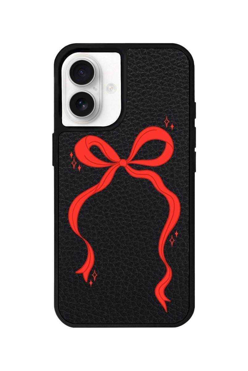 iPhone 16 Red Bow Leather Vegan Deri Telefon Kılıfı Siyah - SUMTHINCS