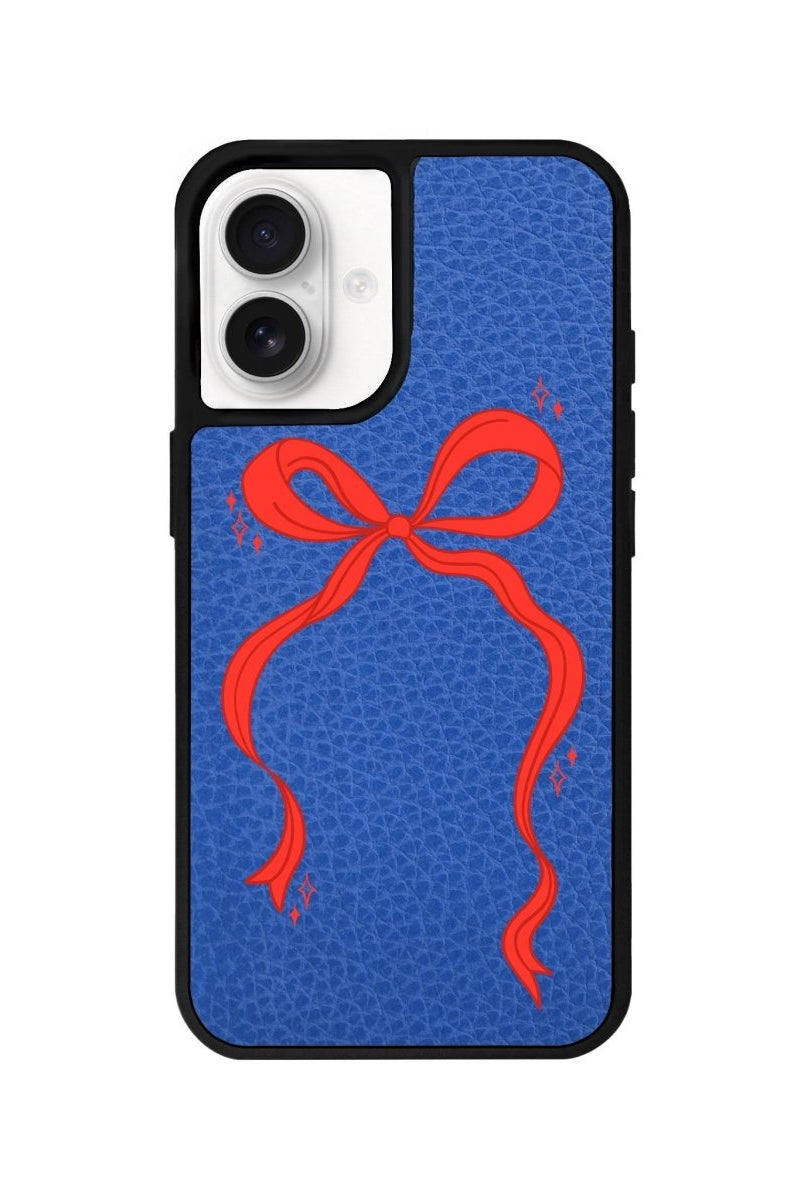 iPhone 16 Red Bow Leather Vegan Deri Telefon Kılıfı Mavi - SUMTHINCS
