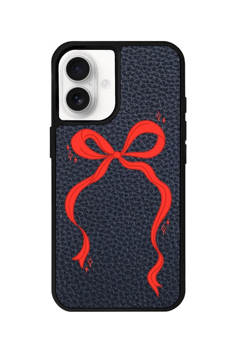 iPhone 16 Red Bow Leather Vegan Deri Telefon Kılıfı Pasifik Mavi - SUMTHINCS