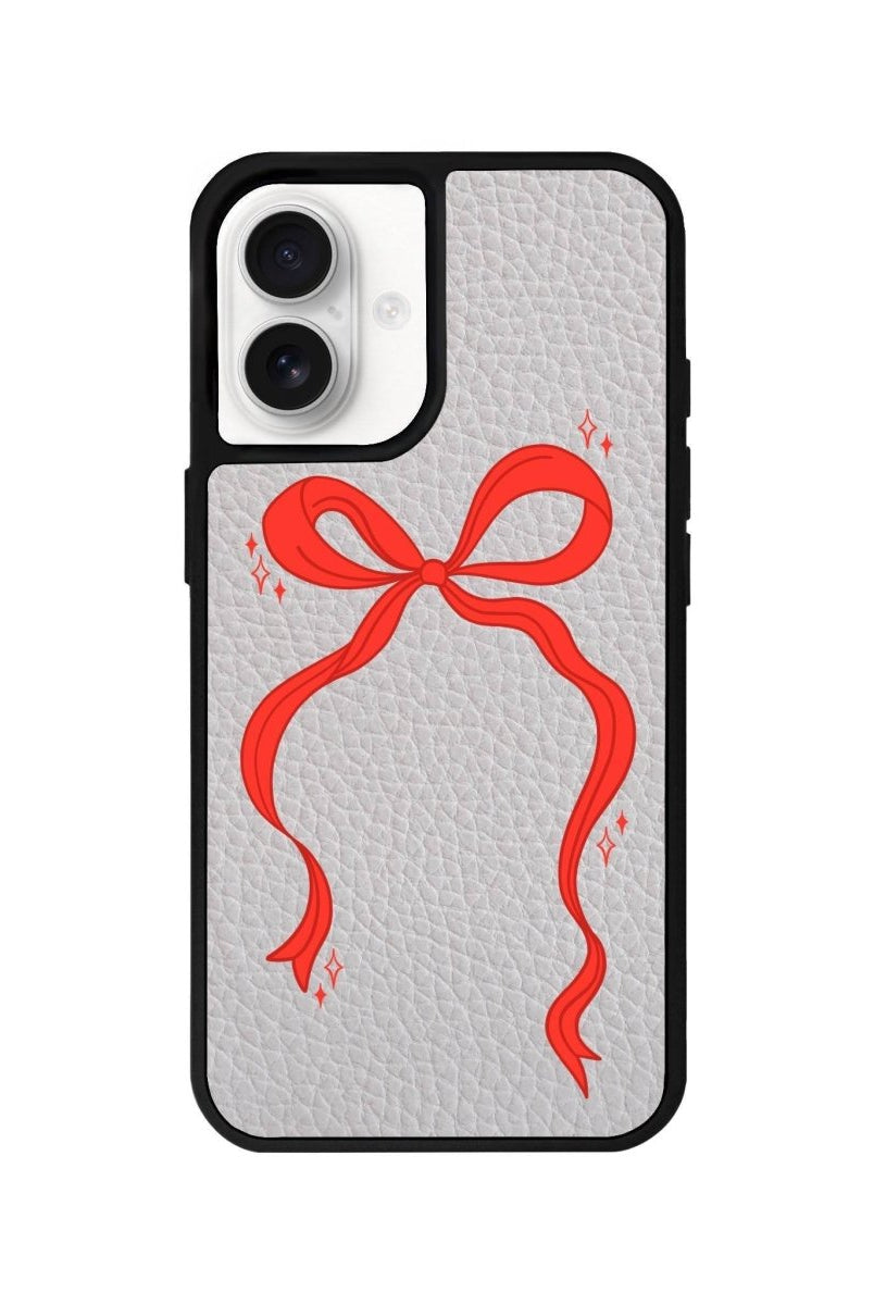 iPhone 16 Red Bow Leather Vegan Deri Telefon Kılıfı Gri - SUMTHINCS