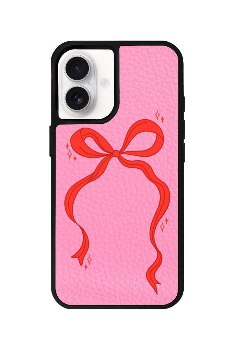 iPhone 16 Red Bow Leather Vegan Deri Telefon Kılıfı Pembe - SUMTHINCS