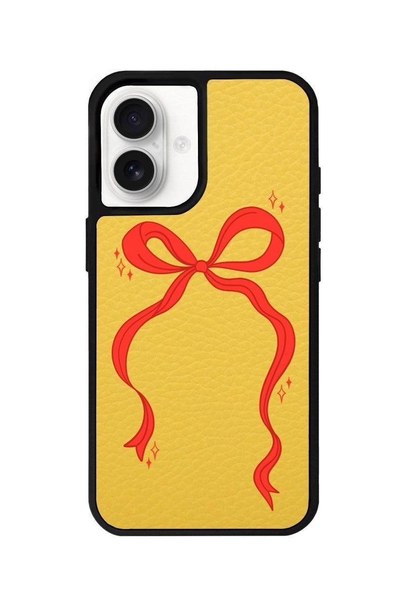 iPhone 16 Red Bow Leather Vegan Deri Telefon Kılıfı Sarı - SUMTHINCS