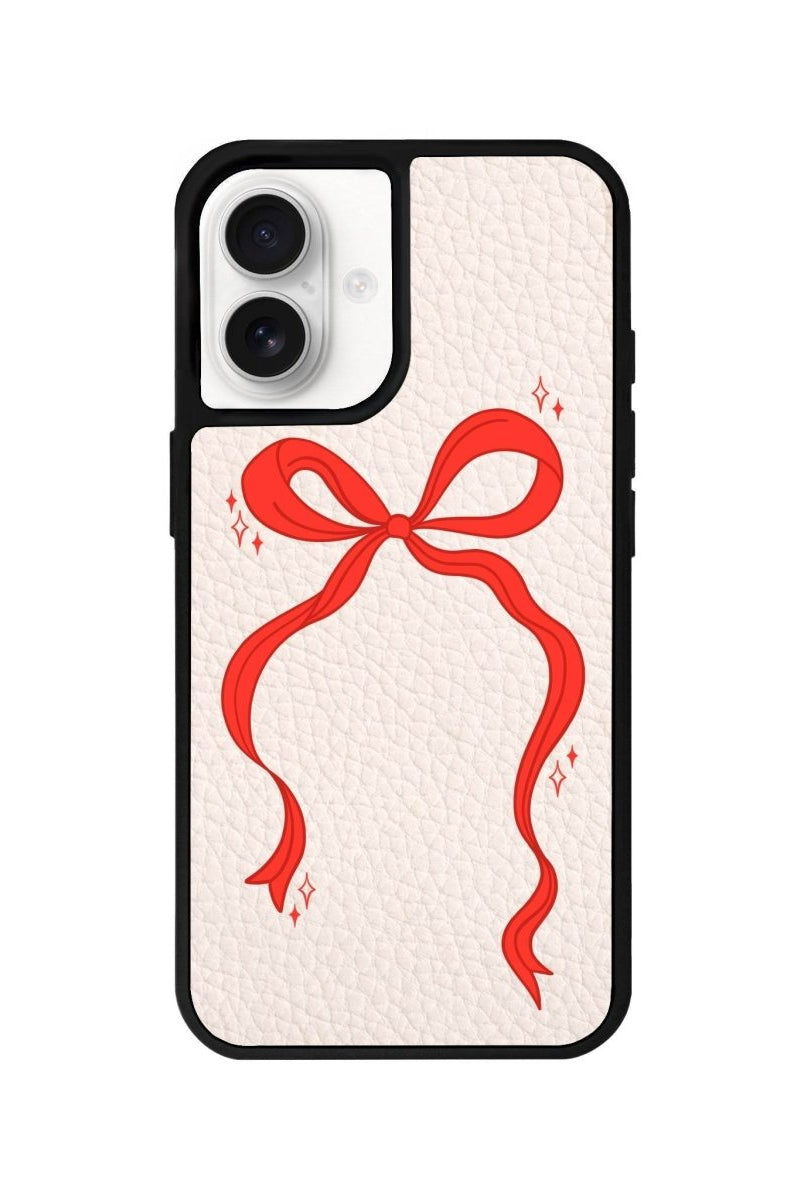 iPhone 16 Red Bow Leather Vegan Deri Telefon Kılıfı Bej - SUMTHINCS