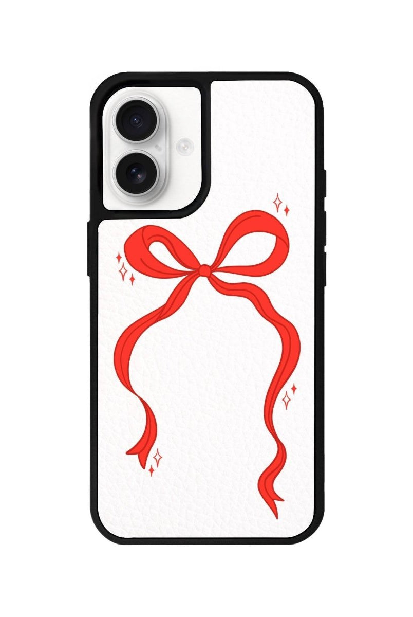 iPhone 16 Red Bow Leather Vegan Deri Telefon Kılıfı Beyaz - SUMTHINCS