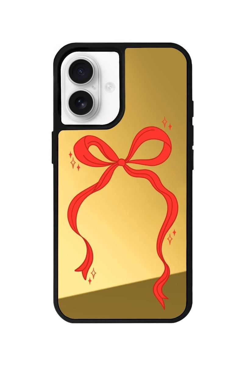 iPhone 16 Red Bow Mirror Aynalı Telefon Kılıfı Altın - SUMTHINCS