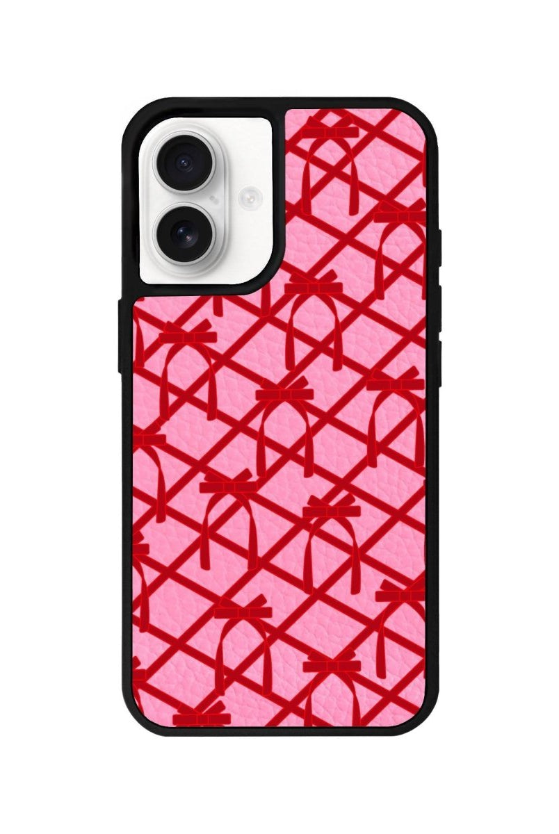 iPhone 16 Ribbon Grid Leather Vegan Deri Telefon Kılıfı Pembe - SUMTHINCS