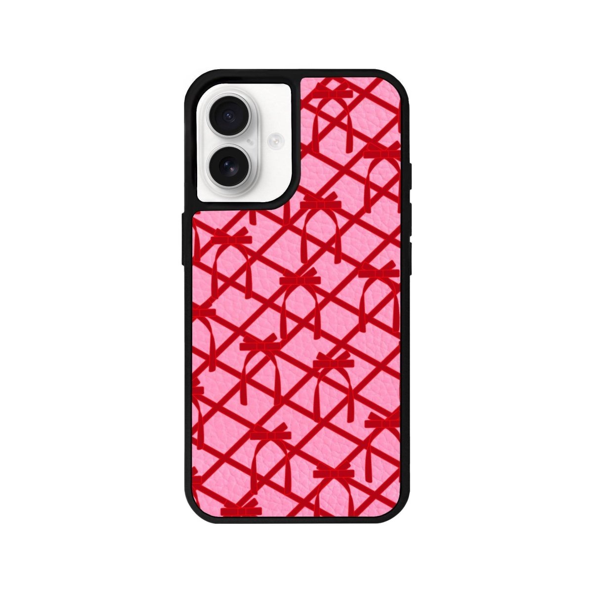iPhone 16 Ribbon Grid Leather Vegan Deri Telefon Kılıfı Pembe - SUMTHINCS