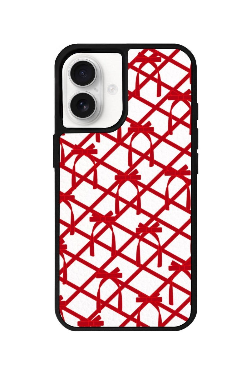iPhone 16 Ribbon Grid Leather Vegan Deri Telefon Kılıfı Beyaz - SUMTHINCS