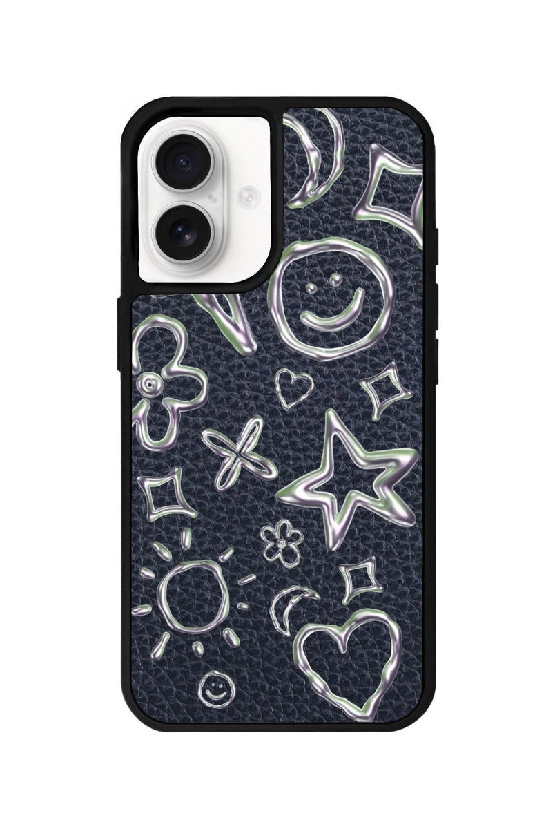 iPhone 16 Silver Doodles Leather Vegan Deri Telefon Kılıfı Pasifik Mavi - SUMTHINCS