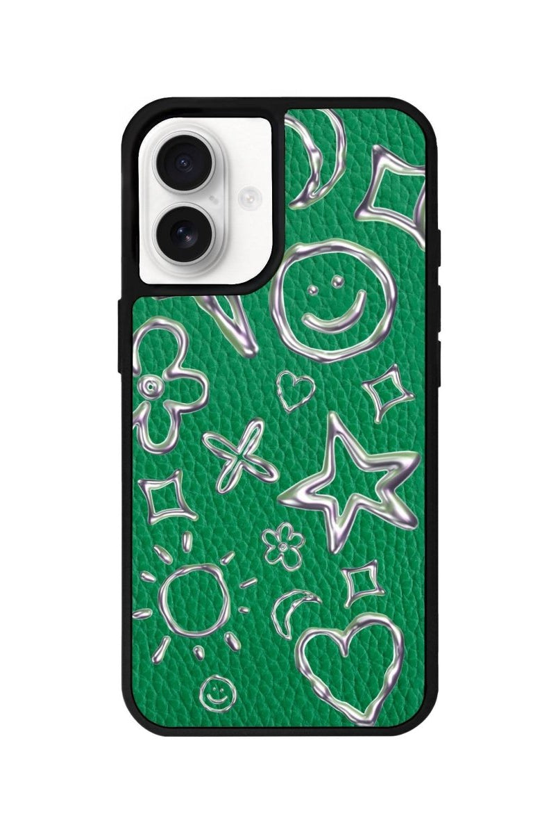 iPhone 16 Silver Doodles Leather Vegan Deri Telefon Kılıfı Yeşil - SUMTHINCS