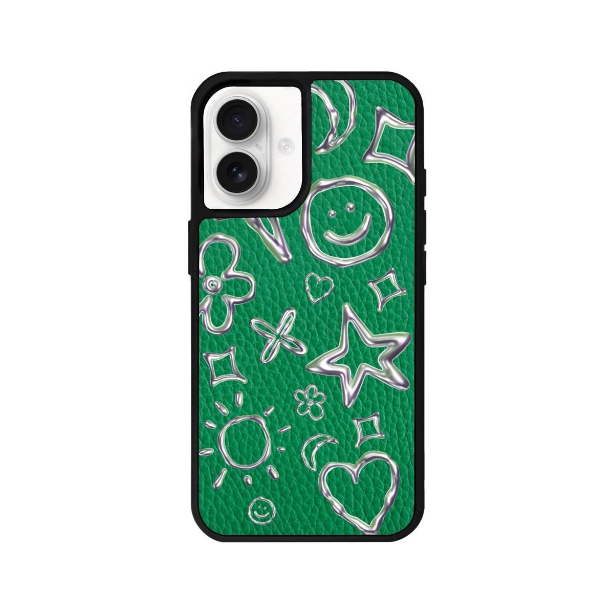 iPhone 16 Silver Doodles Leather Vegan Deri Telefon Kılıfı Yeşil - SUMTHINCS