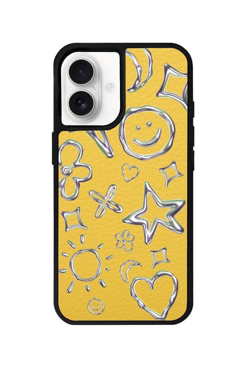 iPhone 16 Silver Doodles Leather Vegan Deri Telefon Kılıfı Sarı - SUMTHINCS