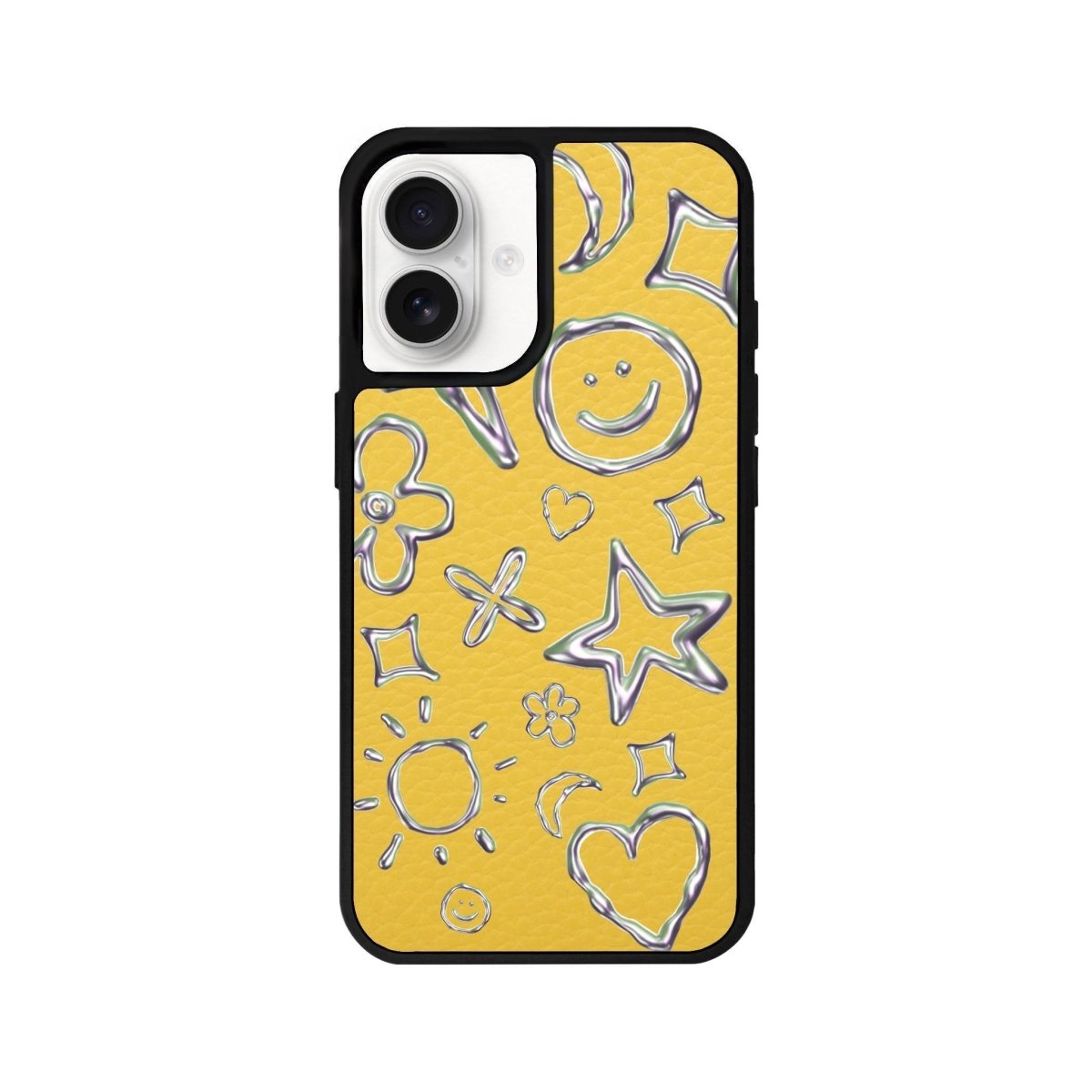 iPhone 16 Silver Doodles Leather Vegan Deri Telefon Kılıfı Sarı - SUMTHINCS