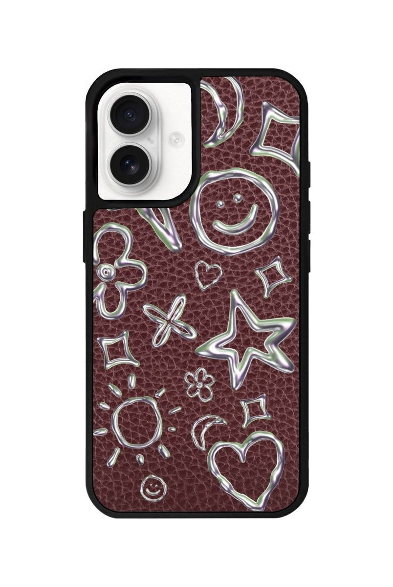 iPhone 16 Silver Doodles Leather Vegan Deri Telefon Kılıfı Bordo - SUMTHINCS