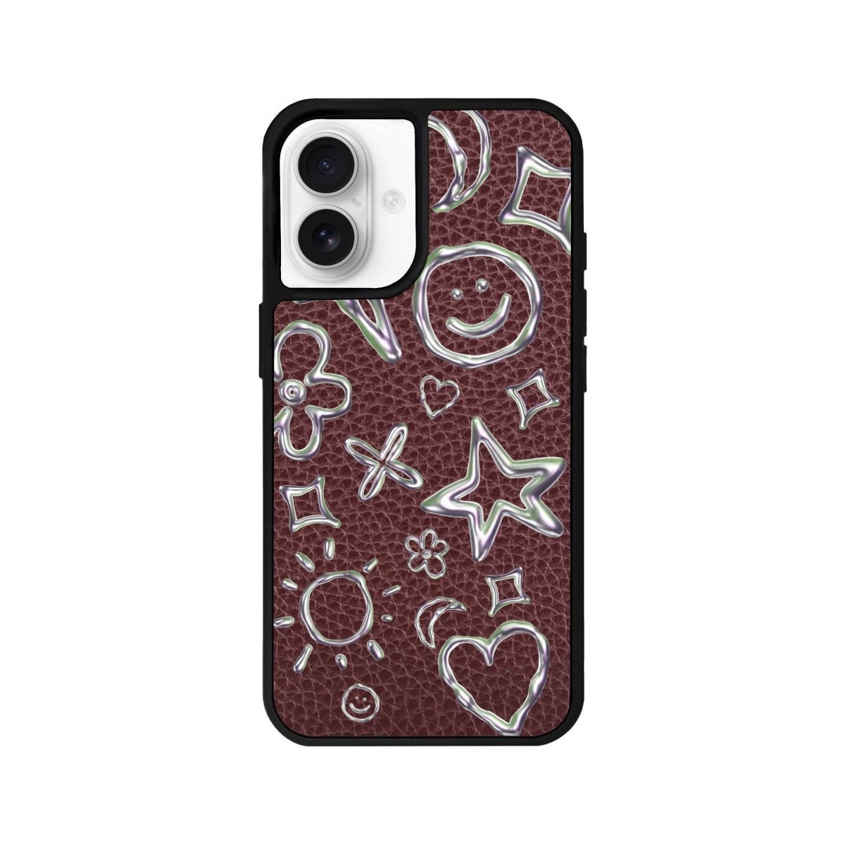 iPhone 16 Silver Doodles Leather Vegan Deri Telefon Kılıfı Bordo - SUMTHINCS