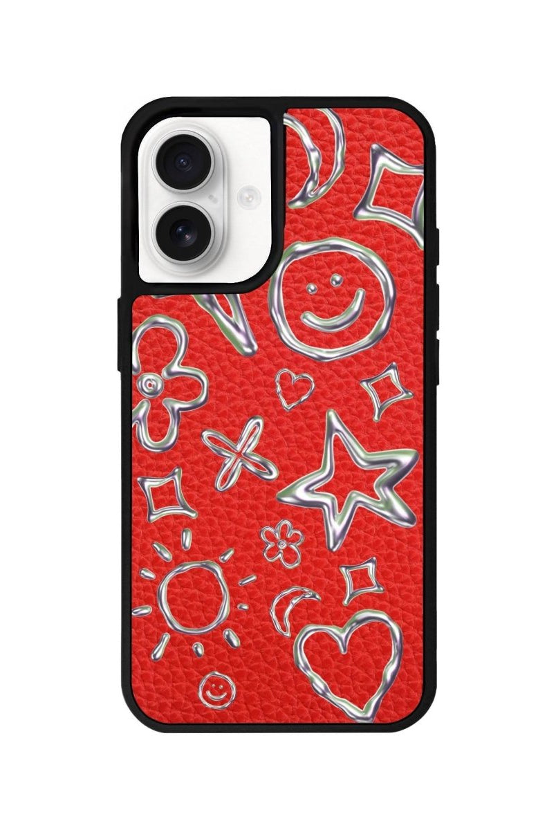 iPhone 16 Silver Doodles Leather Vegan Deri Telefon Kılıfı Kırmızı - SUMTHINCS