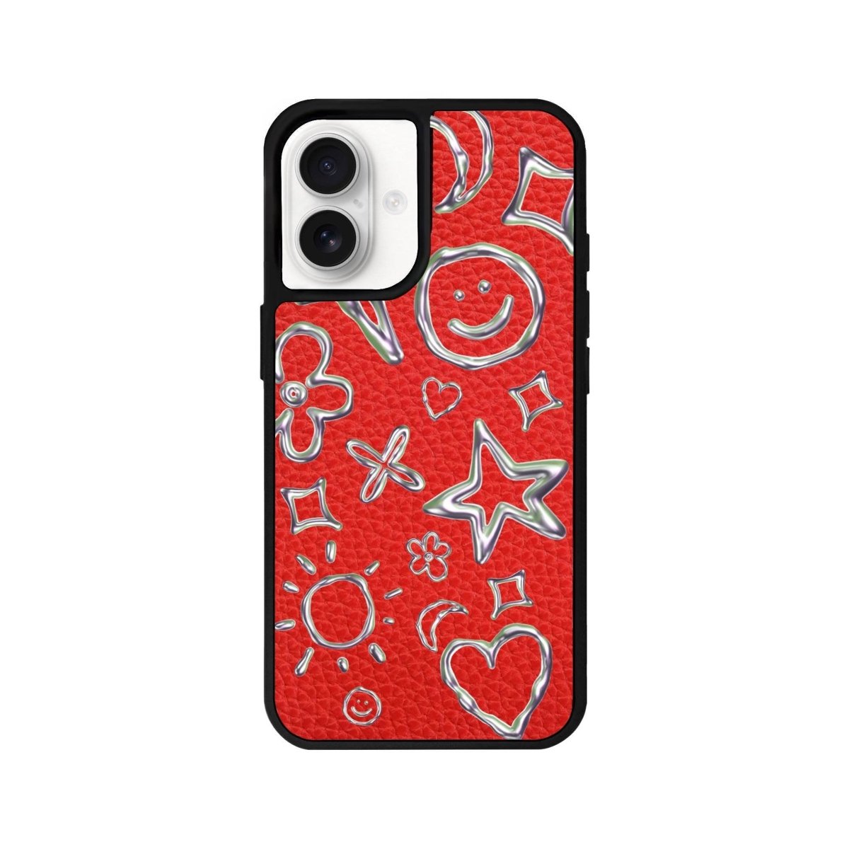 iPhone 16 Silver Doodles Leather Vegan Deri Telefon Kılıfı Kırmızı - SUMTHINCS