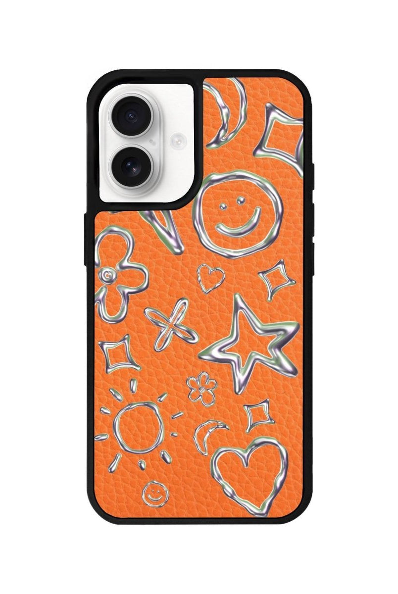 iPhone 16 Silver Doodles Leather Vegan Deri Telefon Kılıfı Turuncu - SUMTHINCS