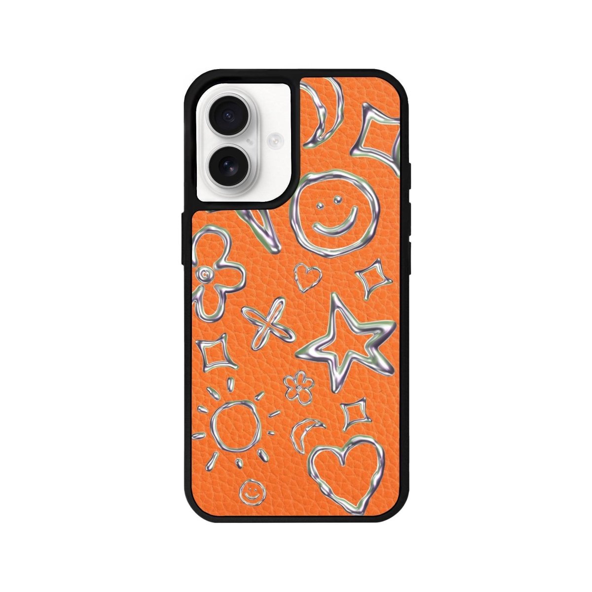 iPhone 16 Silver Doodles Leather Vegan Deri Telefon Kılıfı Turuncu - SUMTHINCS