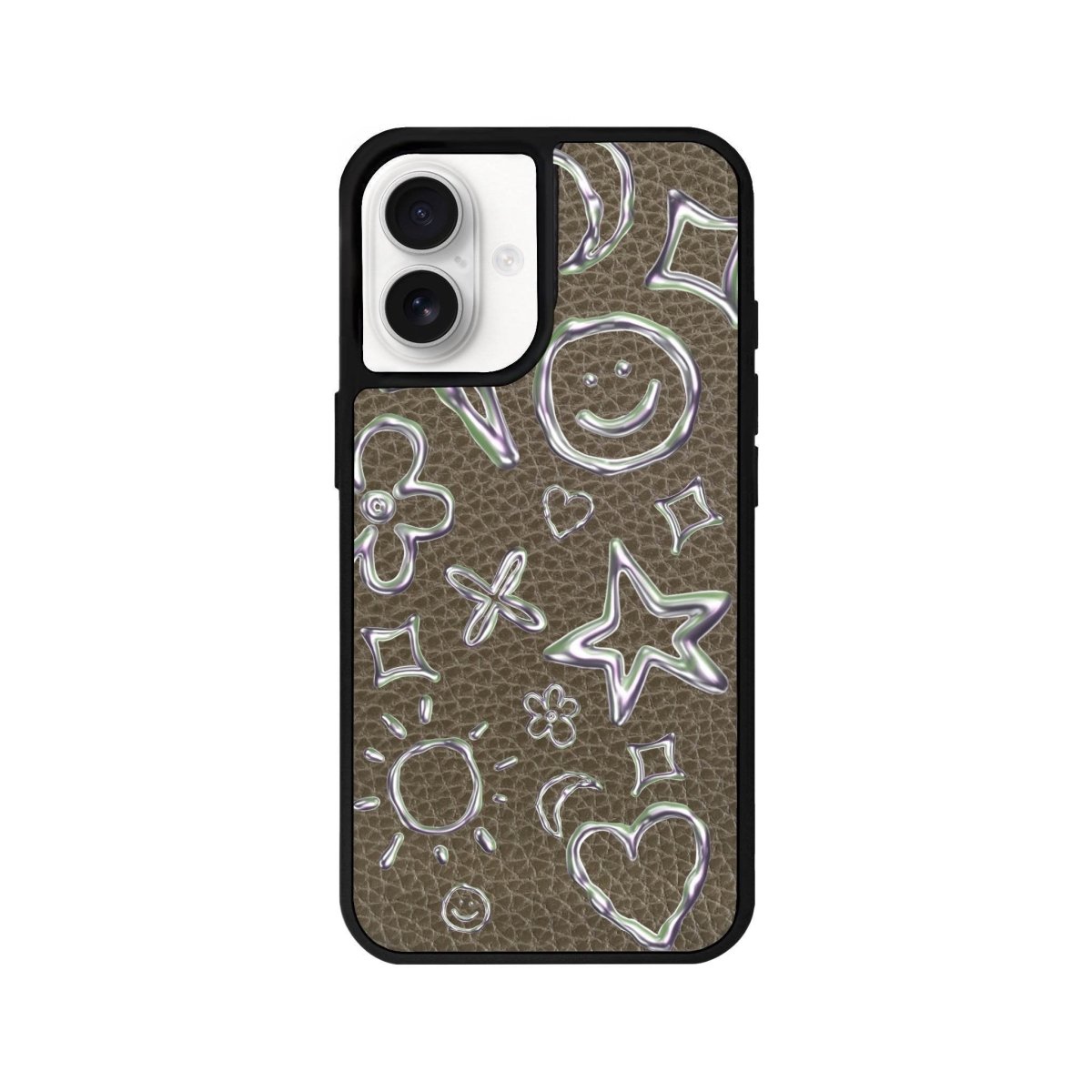iPhone 16 Silver Doodles Leather Vegan Deri Telefon Kılıfı Haki - SUMTHINCS
