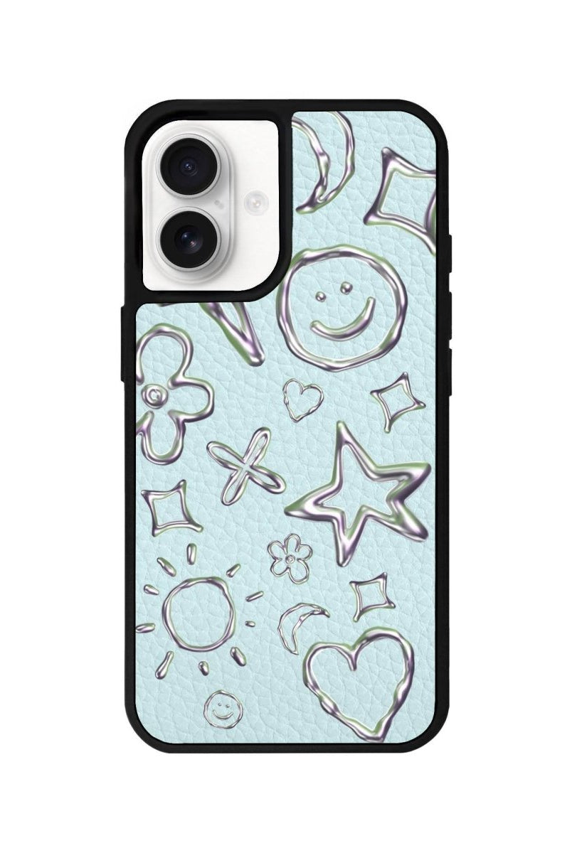iPhone 16 Silver Doodles Leather Vegan Deri Telefon Kılıfı Açık Mavi - SUMTHINCS