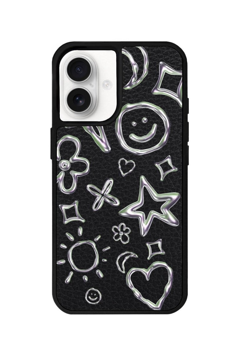 iPhone 16 Silver Doodles Leather Vegan Deri Telefon Kılıfı Siyah - SUMTHINCS