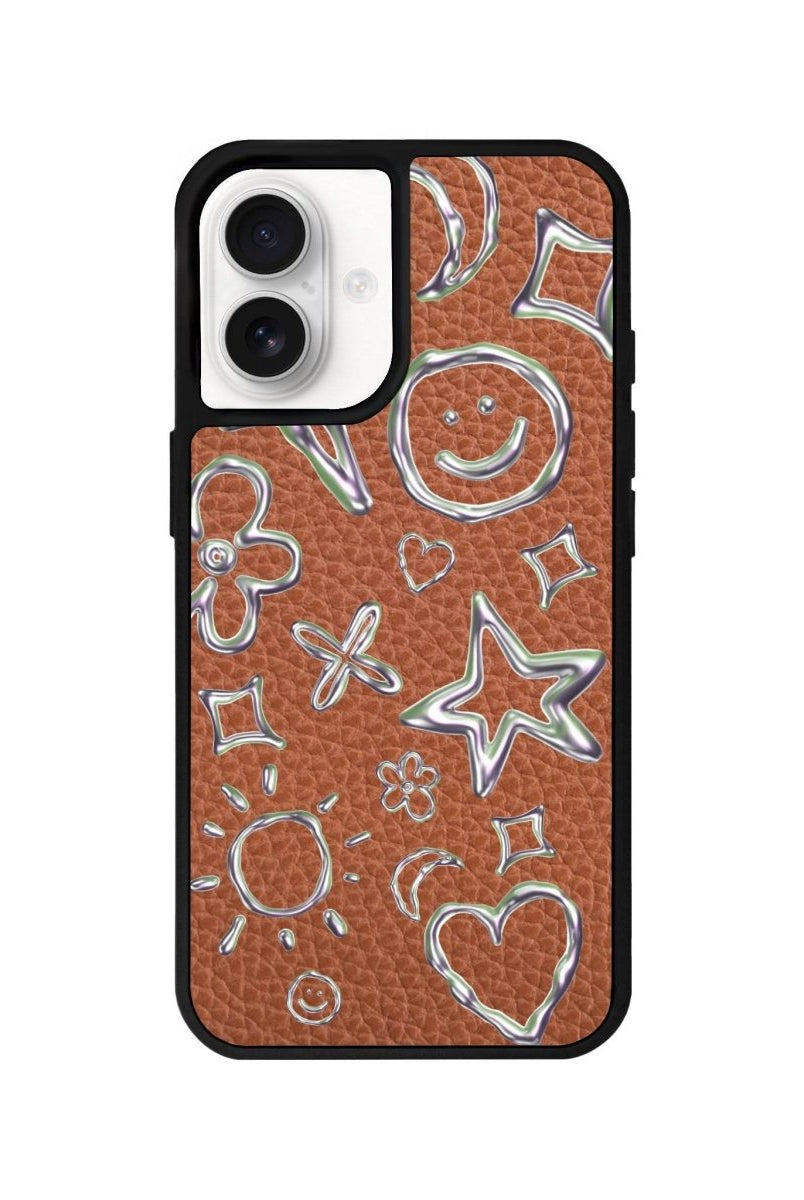 iPhone 16 Silver Doodles Leather Vegan Deri Telefon Kılıfı Kahverengi - SUMTHINCS