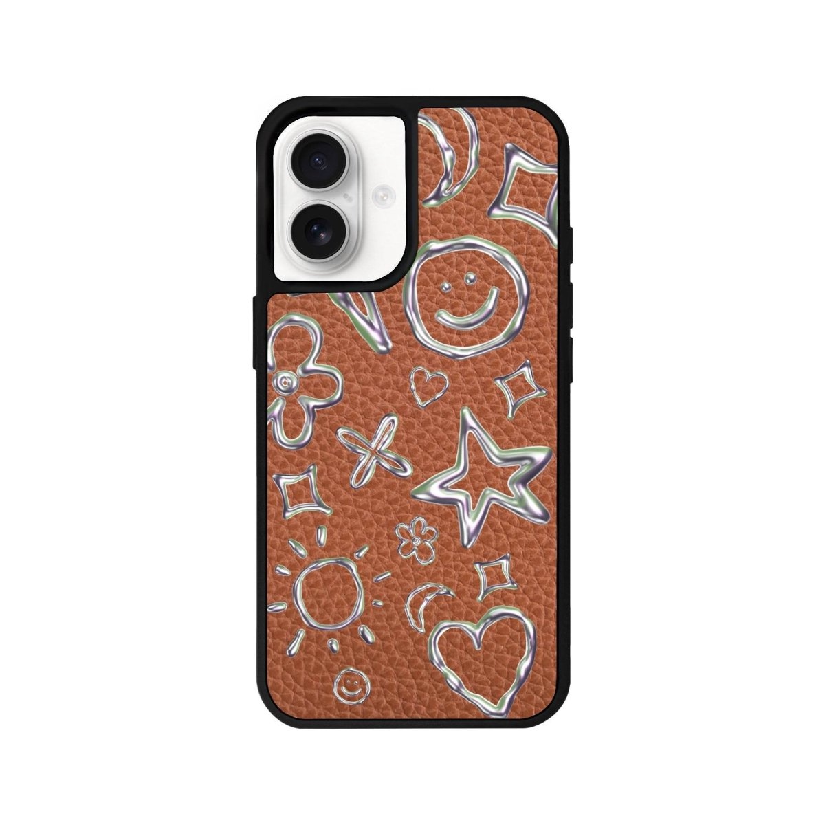 iPhone 16 Silver Doodles Leather Vegan Deri Telefon Kılıfı Kahverengi - SUMTHINCS