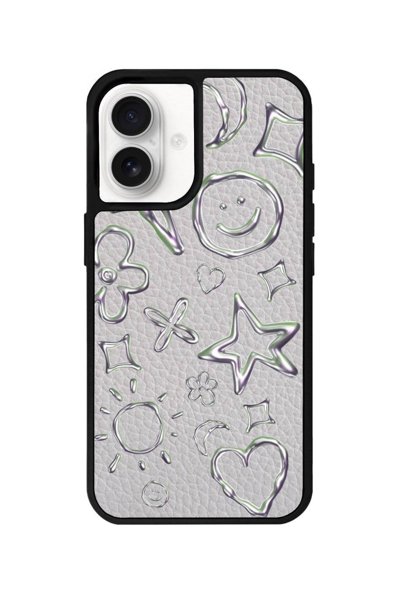 iPhone 16 Silver Doodles Leather Vegan Deri Telefon Kılıfı Gri - SUMTHINCS