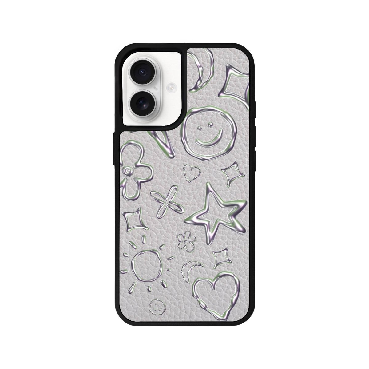 iPhone 16 Silver Doodles Leather Vegan Deri Telefon Kılıfı Gri - SUMTHINCS