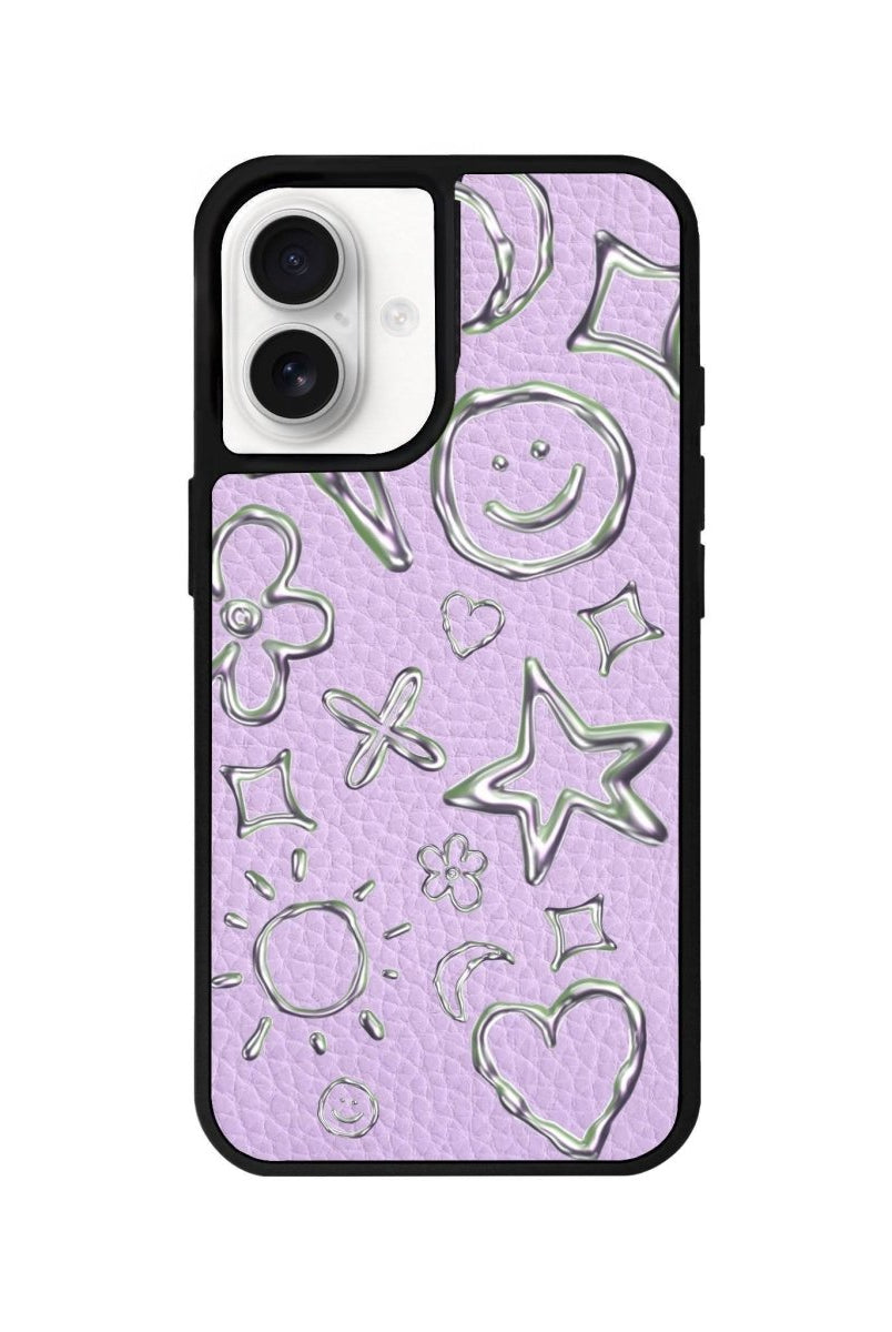 iPhone 16 Silver Doodles Leather Vegan Deri Telefon Kılıfı Lila - SUMTHINCS