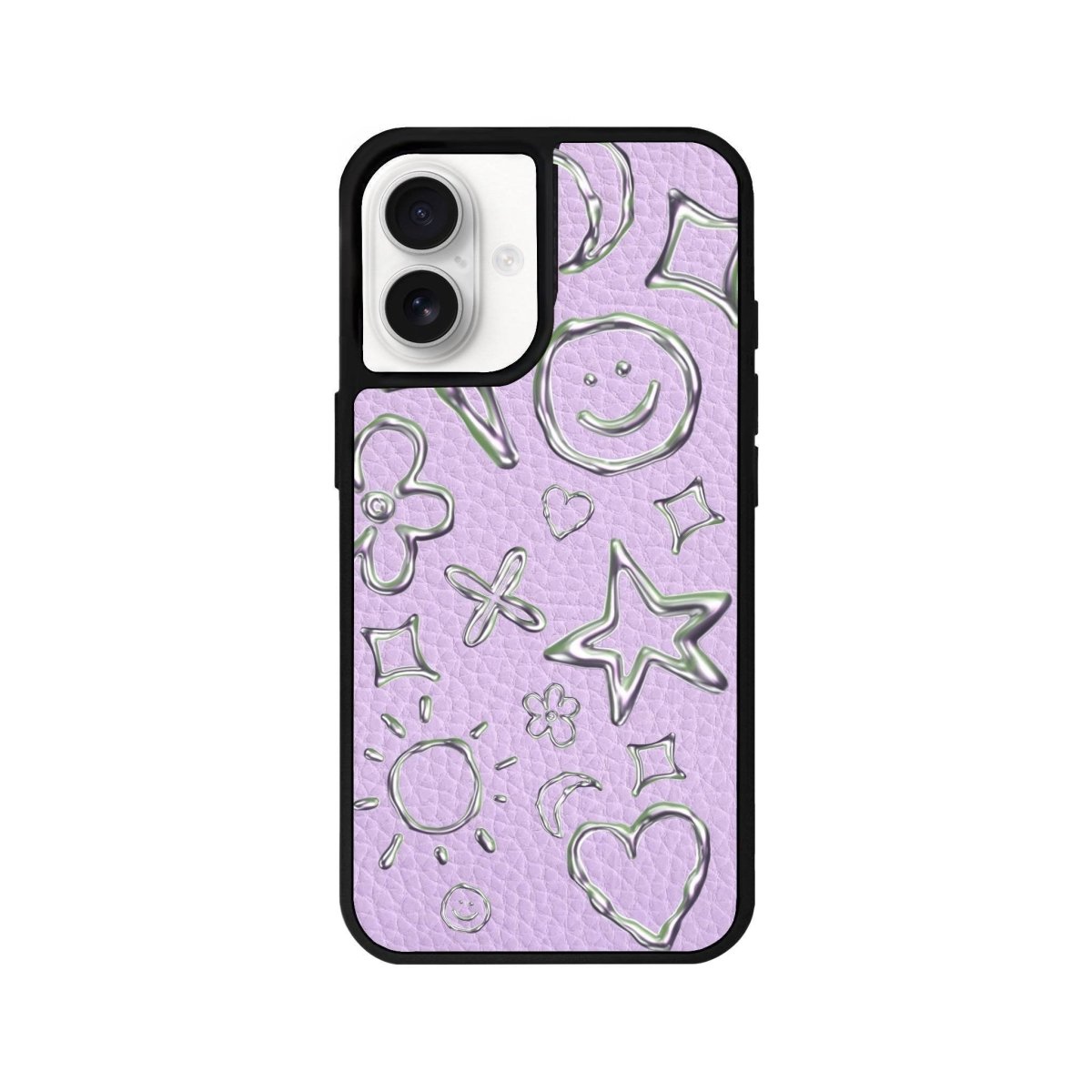 iPhone 16 Silver Doodles Leather Vegan Deri Telefon Kılıfı Lila - SUMTHINCS