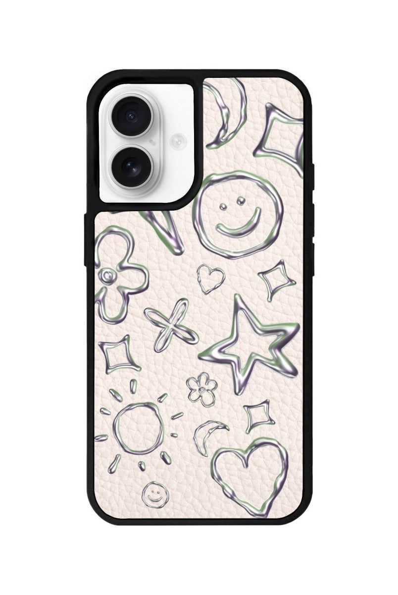 iPhone 16 Silver Doodles Leather Vegan Deri Telefon Kılıfı Bej - SUMTHINCS