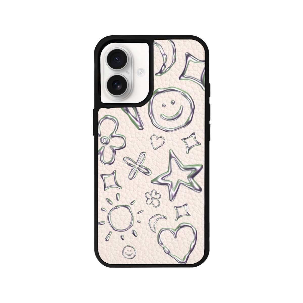 iPhone 16 Silver Doodles Leather Vegan Deri Telefon Kılıfı Bej - SUMTHINCS