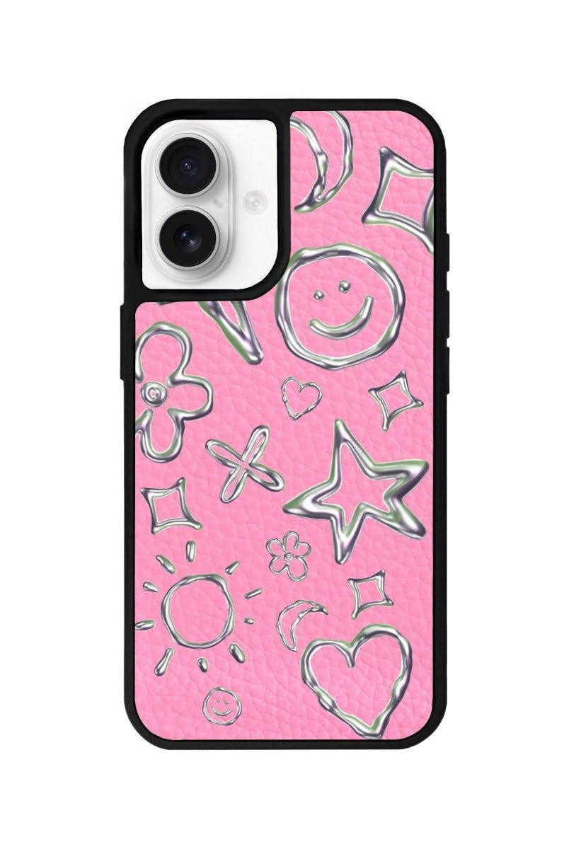 iPhone 16 Silver Doodles Leather Vegan Deri Telefon Kılıfı Pembe - SUMTHINCS
