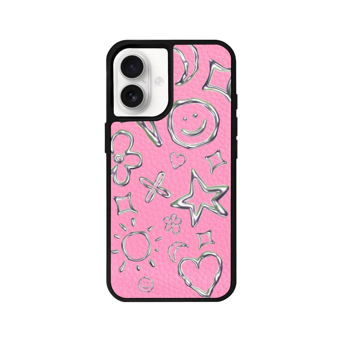 iPhone 16 Silver Doodles Leather Vegan Deri Telefon Kılıfı Pembe - SUMTHINCS
