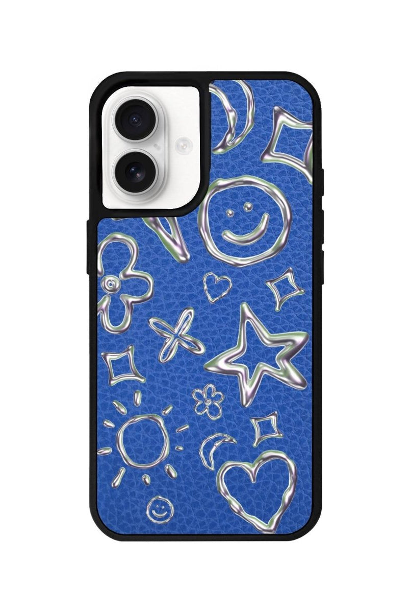 iPhone 16 Silver Doodles Leather Vegan Deri Telefon Kılıfı Mavi - SUMTHINCS