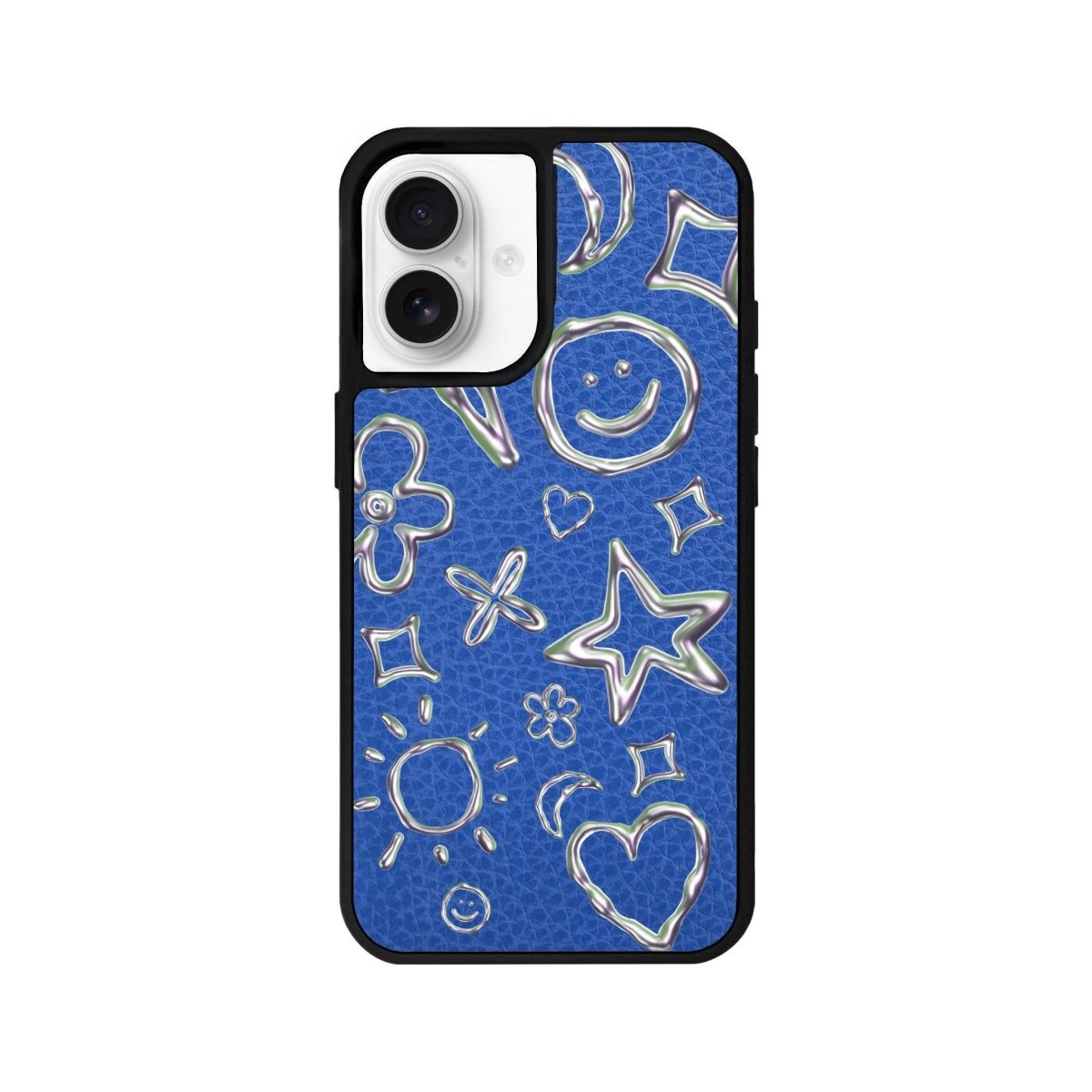 iPhone 16 Silver Doodles Leather Vegan Deri Telefon Kılıfı Mavi - SUMTHINCS