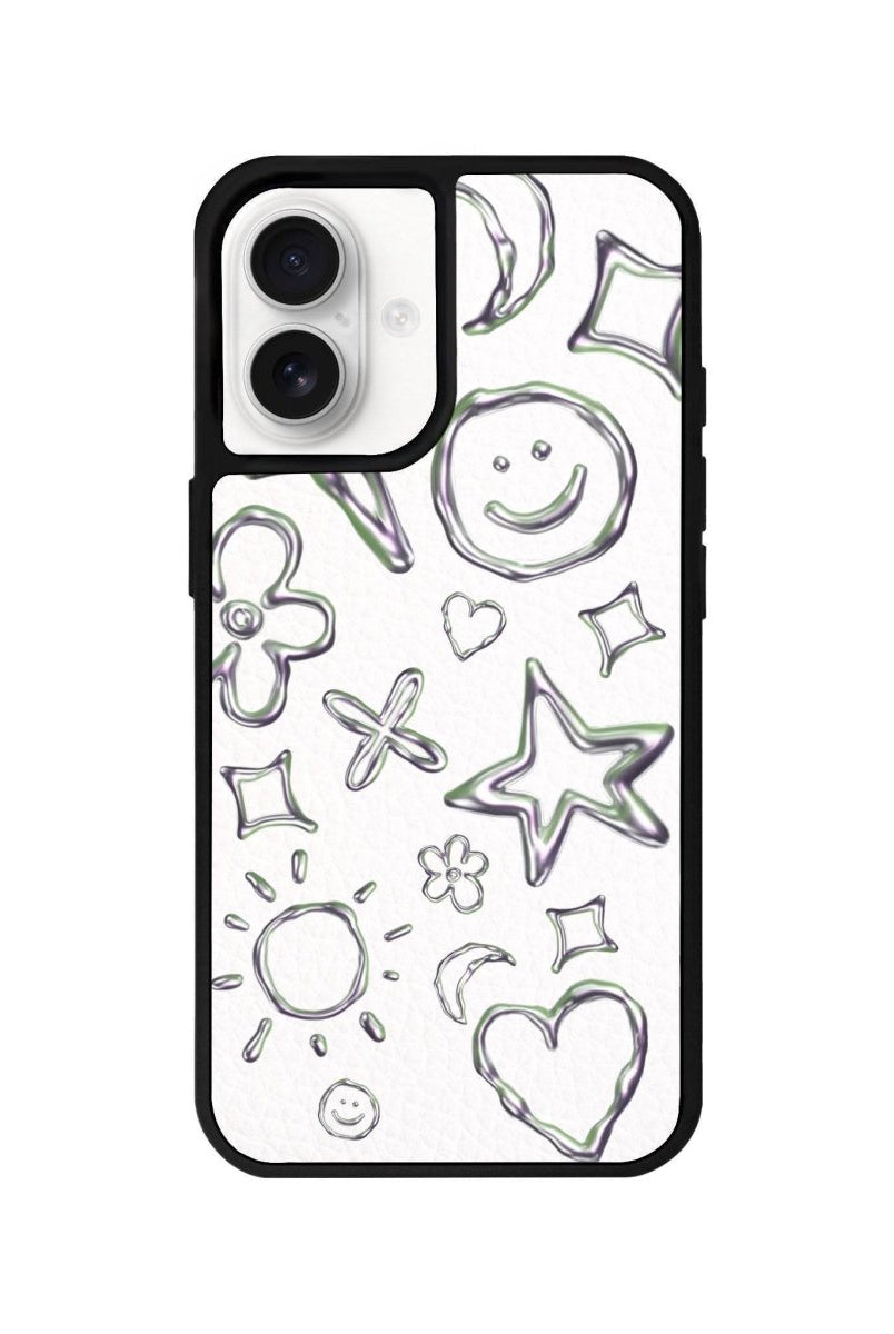 iPhone 16 Silver Doodles Leather Vegan Deri Telefon Kılıfı Beyaz - SUMTHINCS