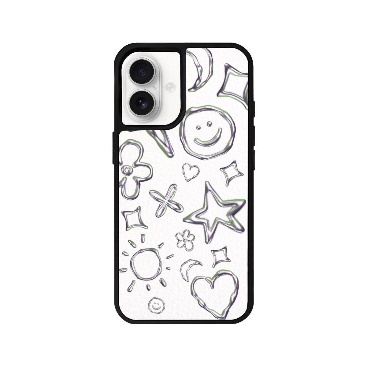 iPhone 16 Silver Doodles Leather Vegan Deri Telefon Kılıfı Beyaz - SUMTHINCS