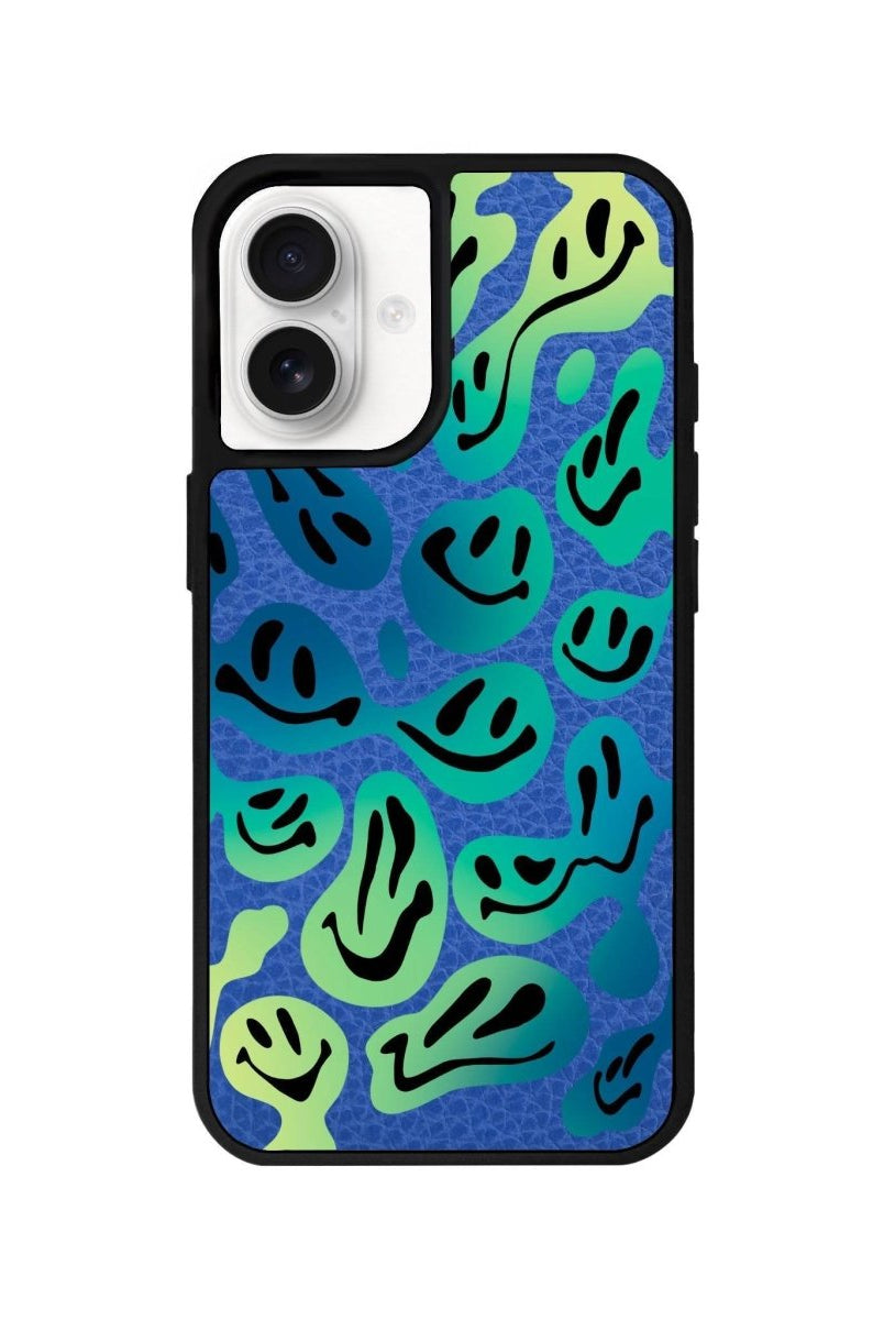iPhone 16 Smiley Leather Vegan Deri Telefon Kılıfı Mavi - SUMTHINCS