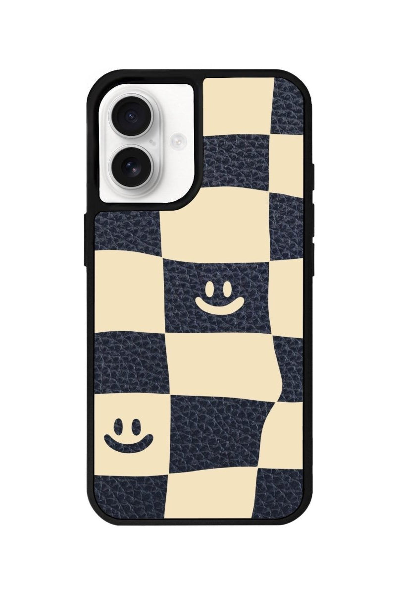 iPhone 16 Smiling Check Leather Vegan Deri Telefon Kılıfı Pasifik Mavi - SUMTHINCS