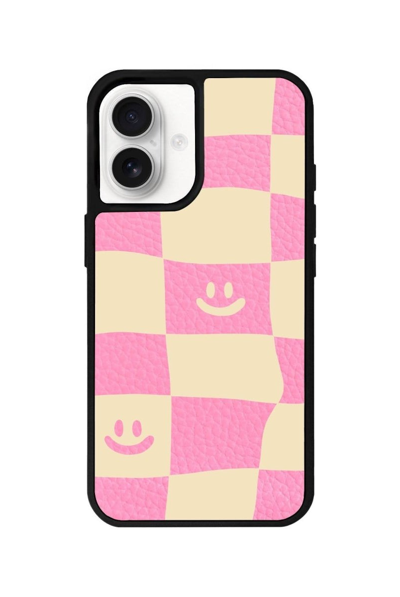 iPhone 16 Smiling Check Leather Vegan Deri Telefon Kılıfı Pembe - SUMTHINCS