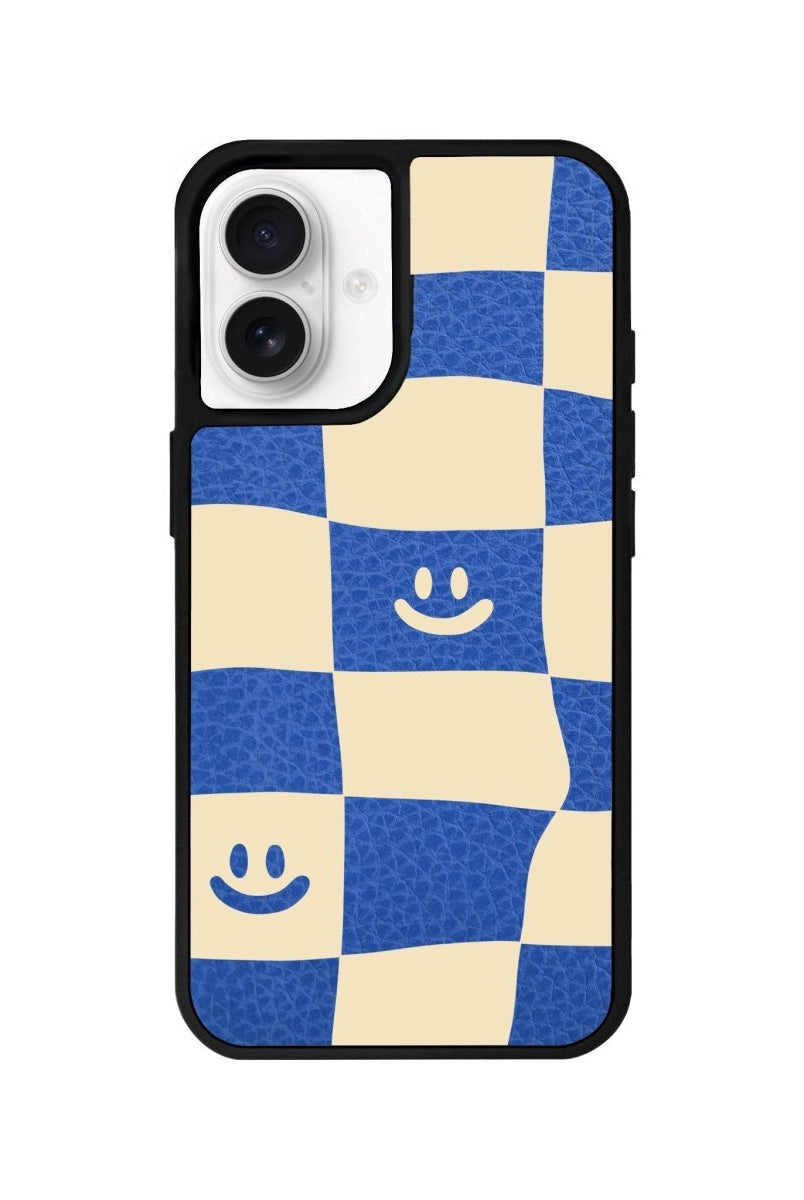 iPhone 16 Smiling Check Leather Vegan Deri Telefon Kılıfı Mavi - SUMTHINCS