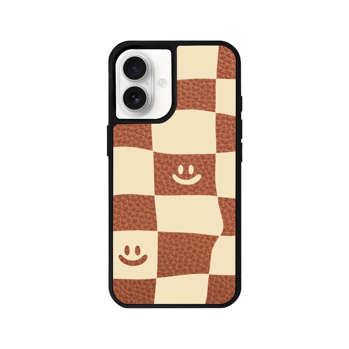 iPhone 16 Smiling Check Leather Vegan Deri Telefon Kılıfı Kahverengi - SUMTHINCS