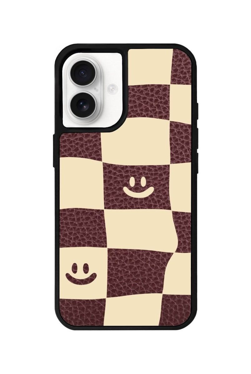 iPhone 16 Smiling Check Leather Vegan Deri Telefon Kılıfı Bordo - SUMTHINCS