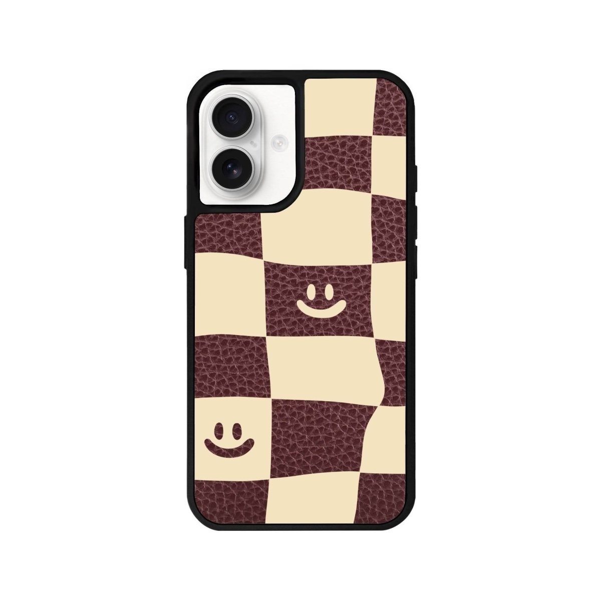 iPhone 16 Smiling Check Leather Vegan Deri Telefon Kılıfı Bordo - SUMTHINCS