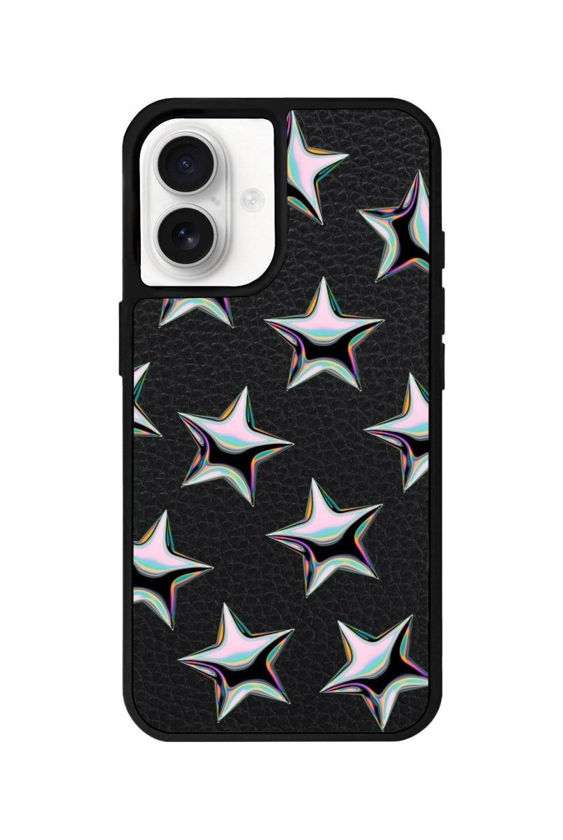 iPhone 16 Stars Leather Vegan Deri Telefon Kılıfı Siyah - SUMTHINCS